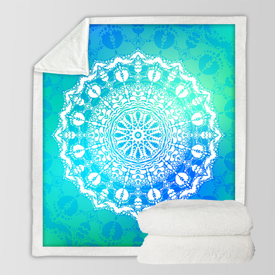 White Mandala Couch Throws with Bright Blue Green