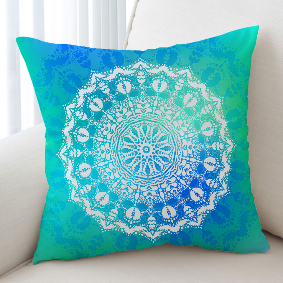 White Mandala Cushion Covers with Bright Blue Green