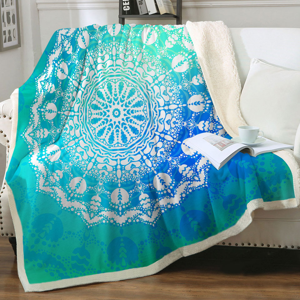 White Mandala Fleece Blankets with Bright Blue Green
