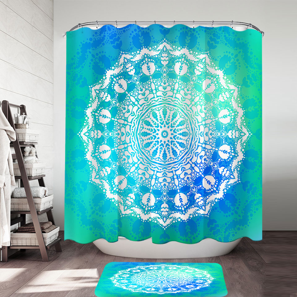 White Mandala Shower Curtain with Bright Blue Green