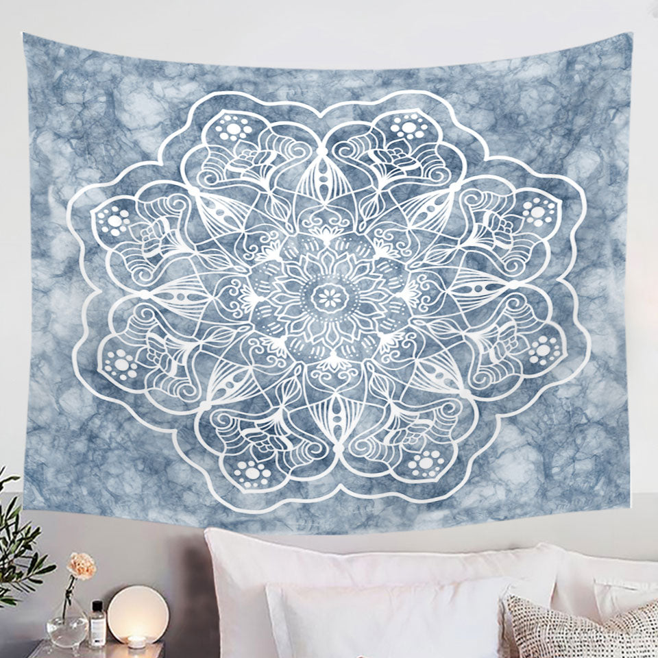 White Mandala Tapestry Fabric on Greyish Marble