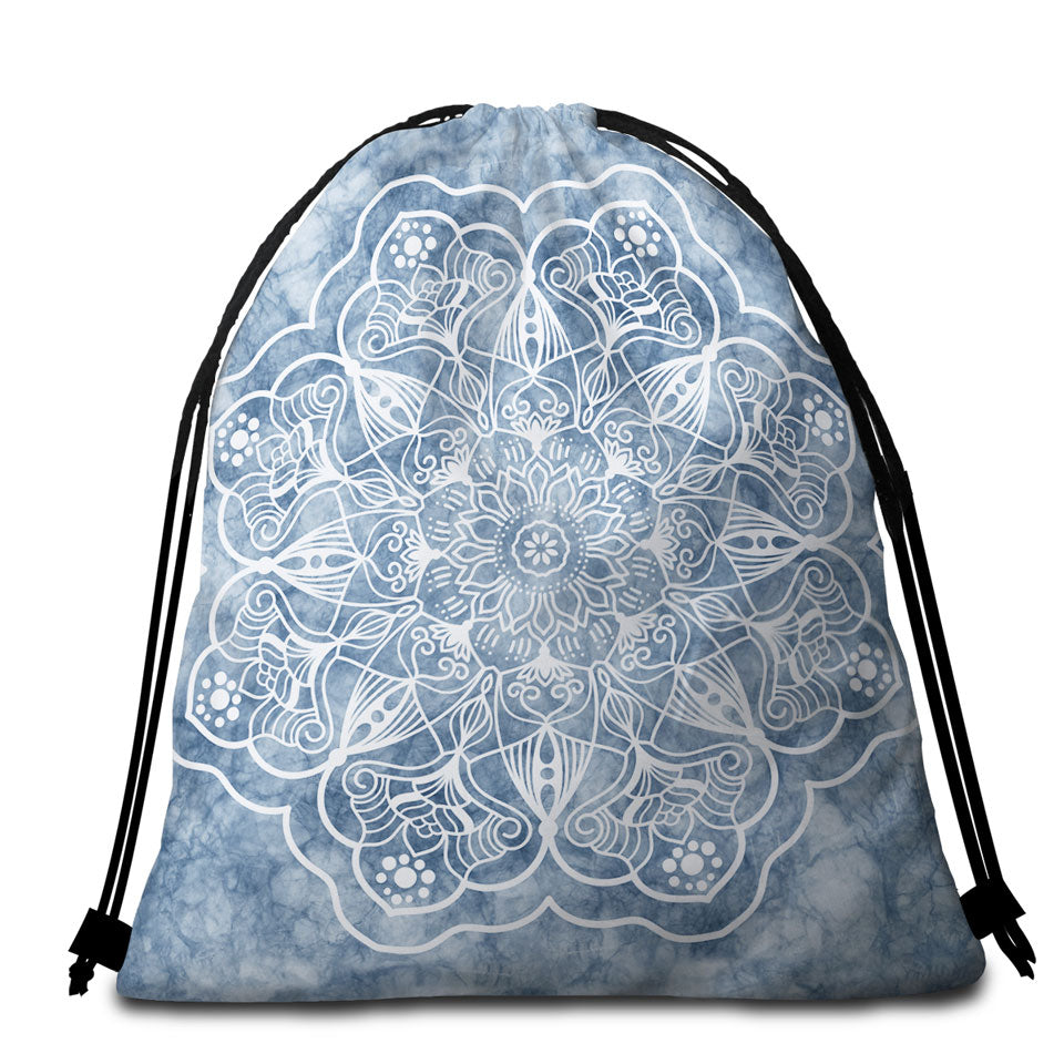 White Mandala on Greyish Marble Beach Towel Bags