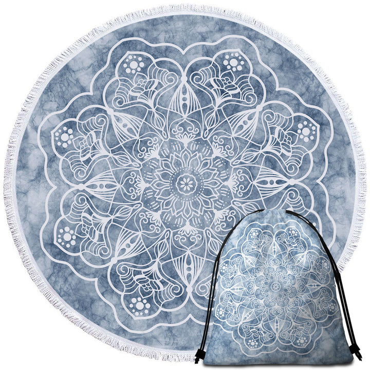 White Mandala on Greyish Marble Beach Towels