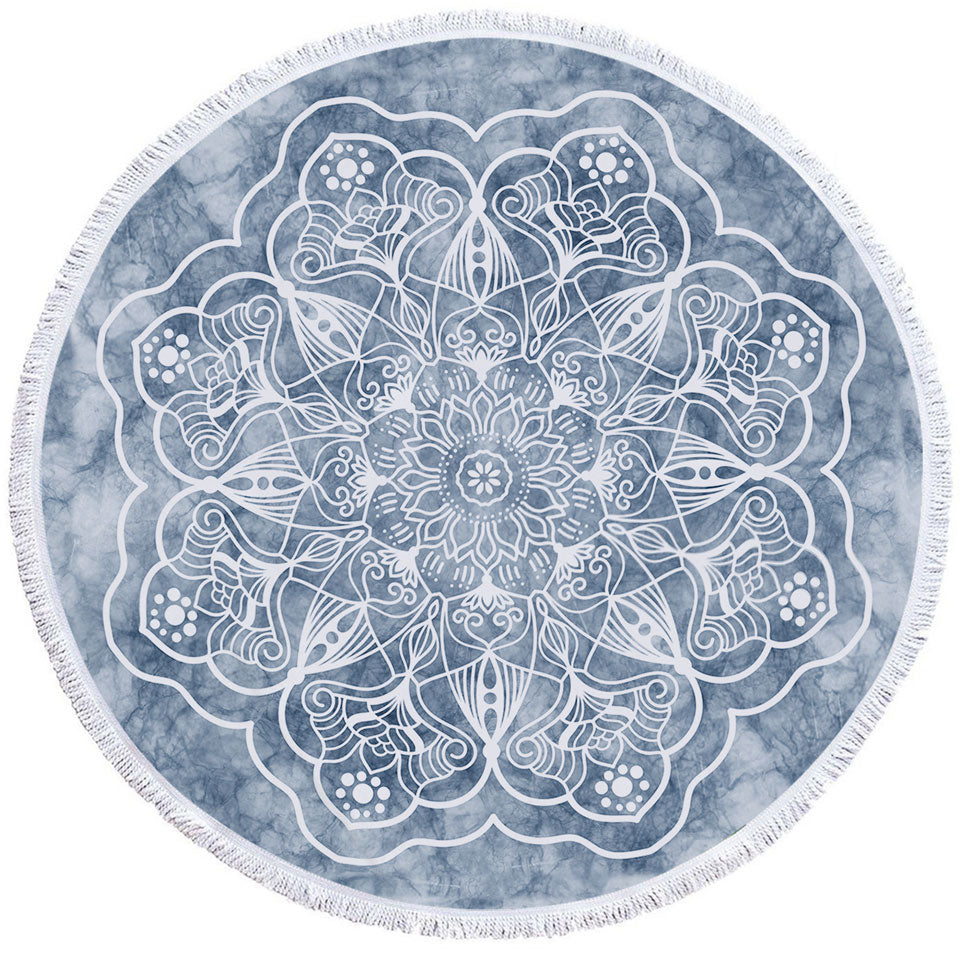 White Mandala on Greyish Marble Circle Beach Towel