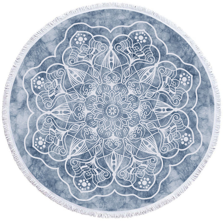 White Mandala on Greyish Marble Circle Beach Towel