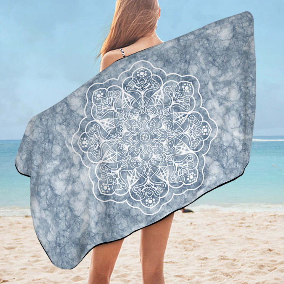 White Mandala on Greyish Marble Nice Beach Towels