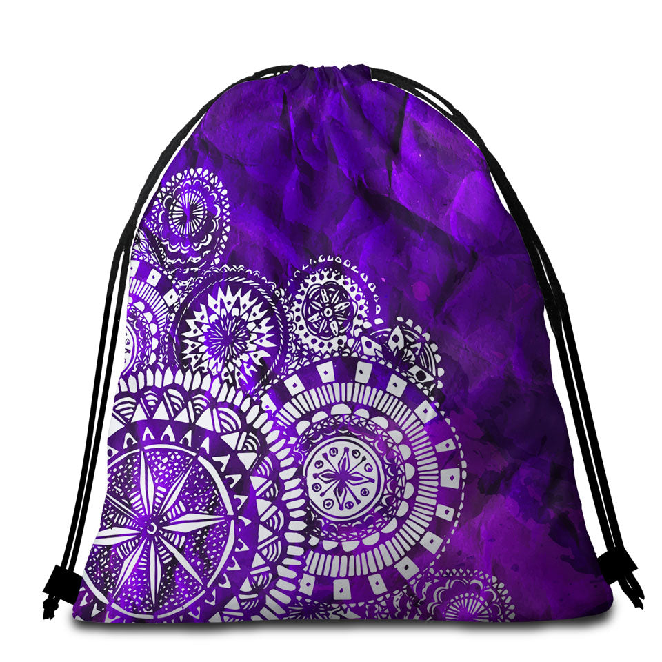White Mandalas Over Purple Packable Beach Towel