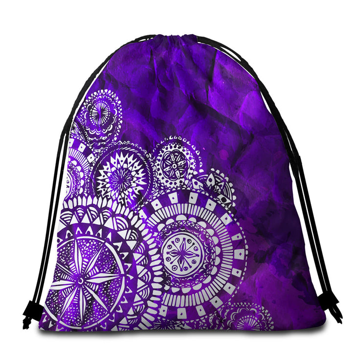 White Mandalas Over Purple Packable Beach Towel