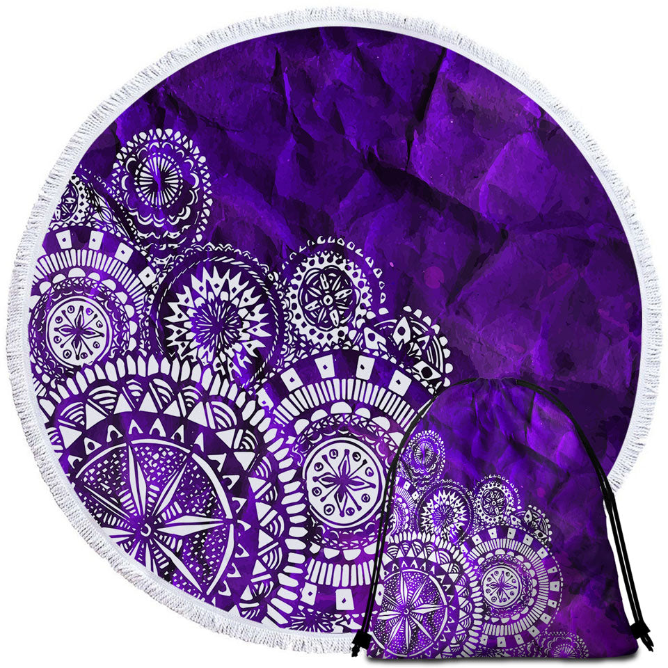White Mandalas Over Purple Round Beach Towel