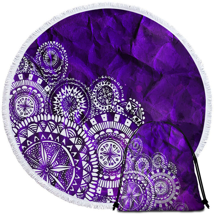 White Mandalas Over Purple Round Beach Towel