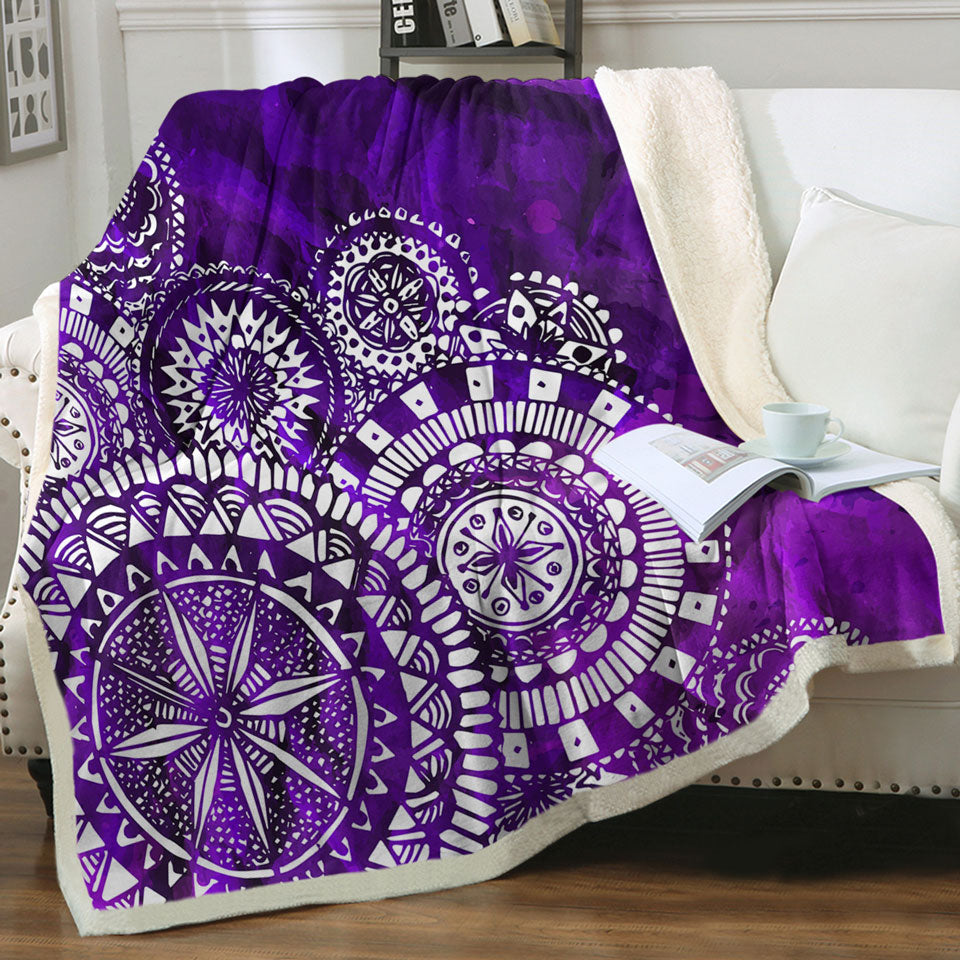 White Mandalas Over Purple Sofa Blankets