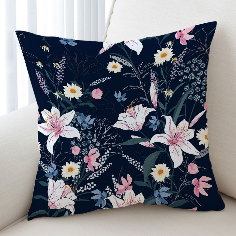 White Pink and Blue Flowers Cushion