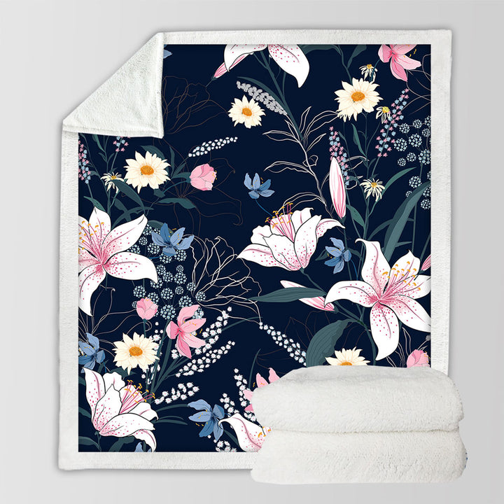 White Pink and Blue Flowers Sherpa Blanket