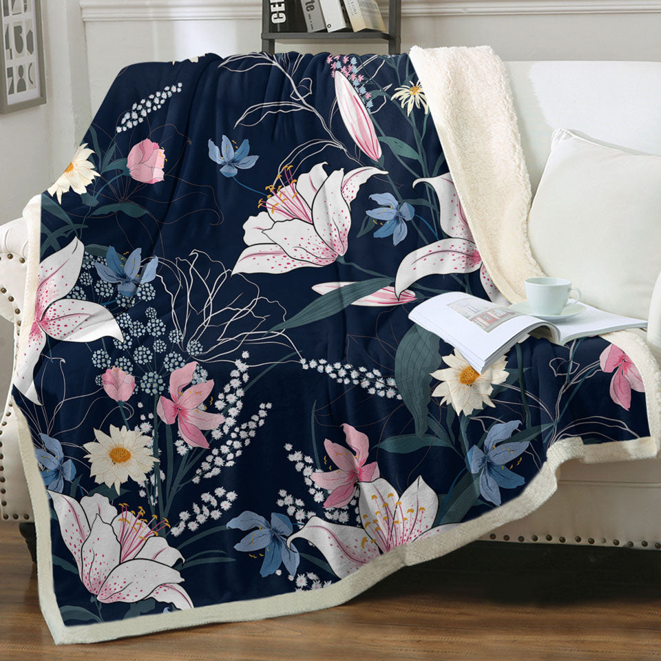 White Pink and Blue Flowers Throws