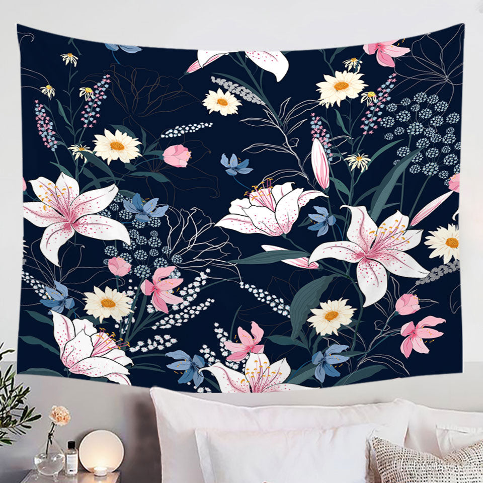 White Pink and Blue Flowers Wall Decor Tapestry