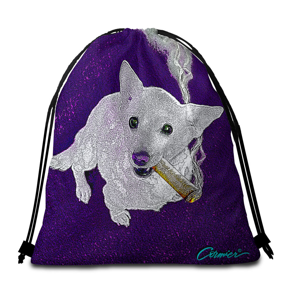 White Purple Artistic Drawing Smoking Dog Beach Towel Bags