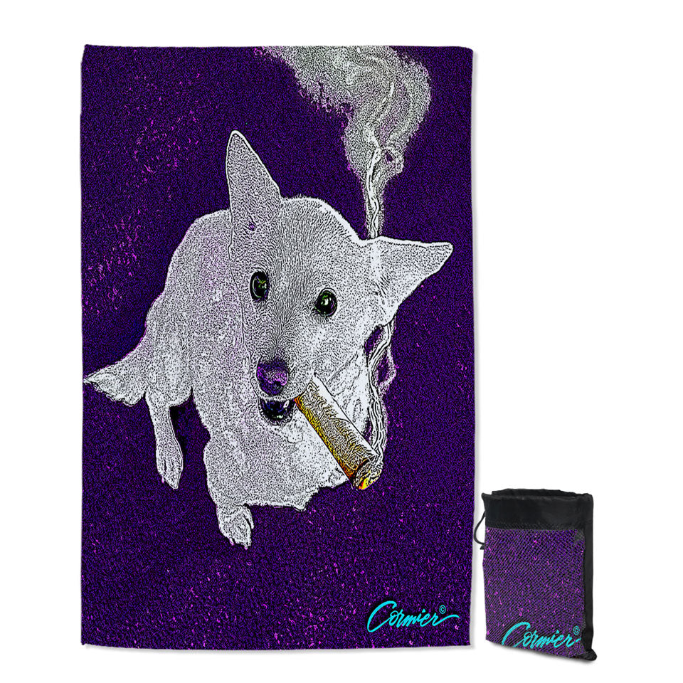 White Purple Artistic Drawing Smoking Dog Beach Towels for Travel
