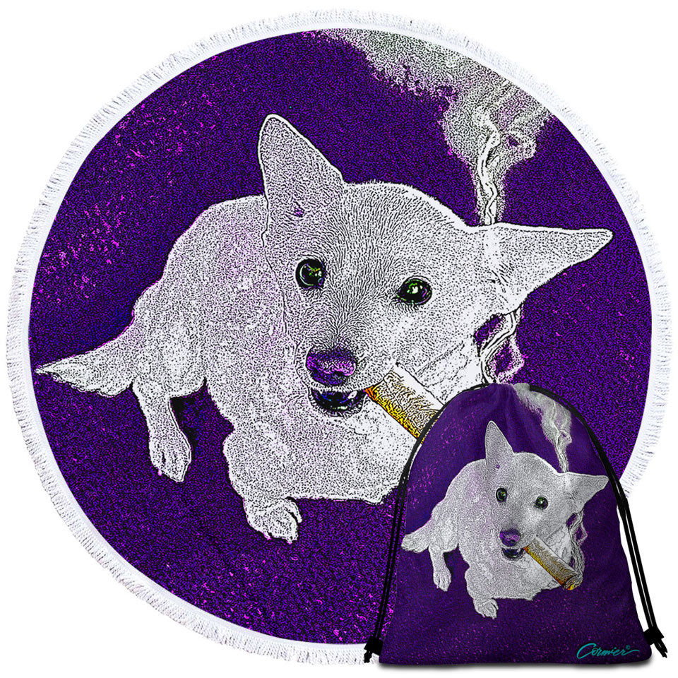 White Purple Artistic Drawing Smoking Dog Circle Beach Towel