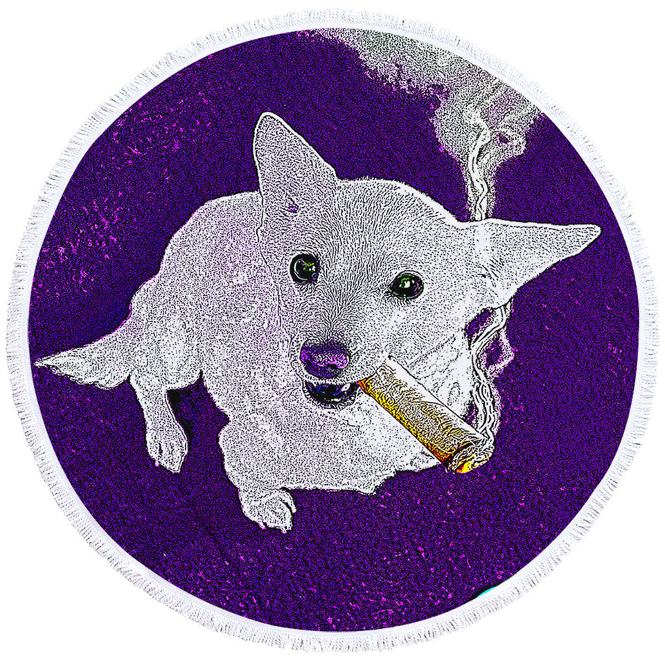 White Purple Artistic Drawing Smoking Dog Round Beach Towel