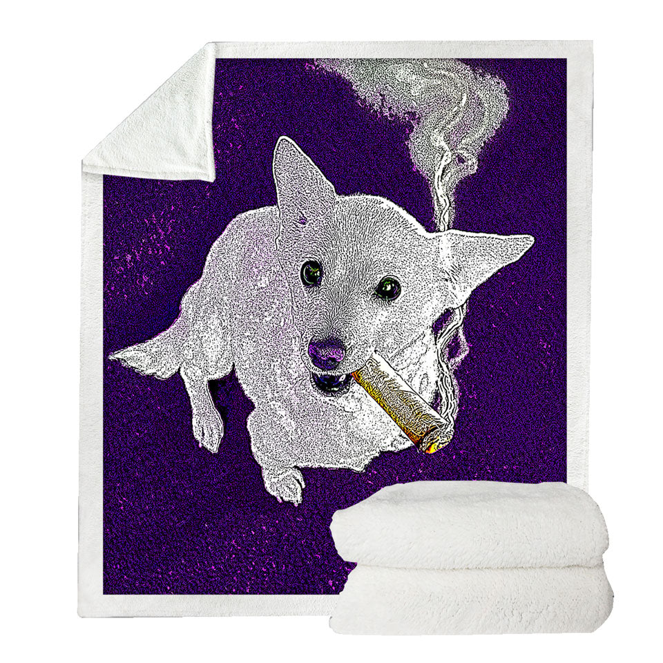 White Purple Artistic Drawing Smoking Dog Sherpa Blanket