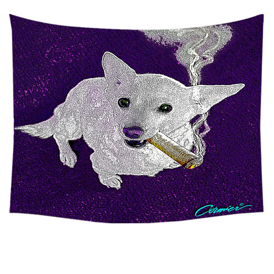 White Purple Artistic Drawing Smoking Dog Tapestry