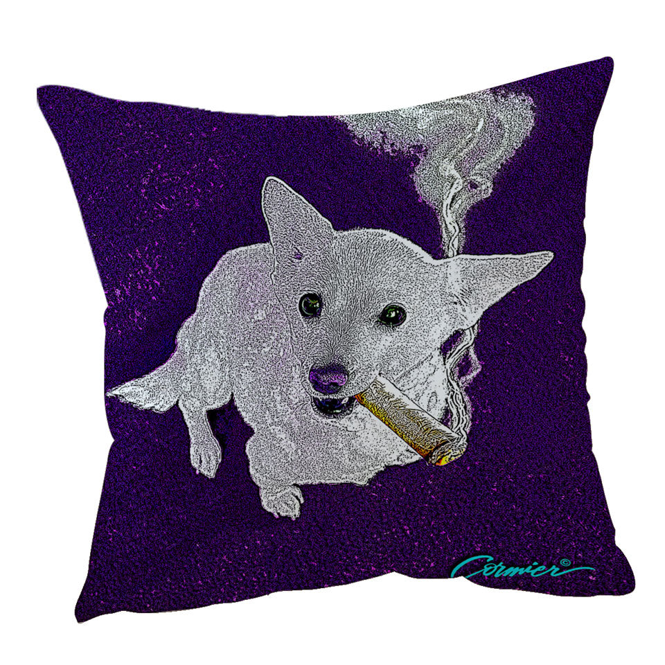 White Purple Artistic Drawing Smoking Dog Throw Pillow