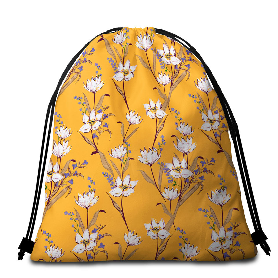 White Purple Flowers Beach Towel Bags