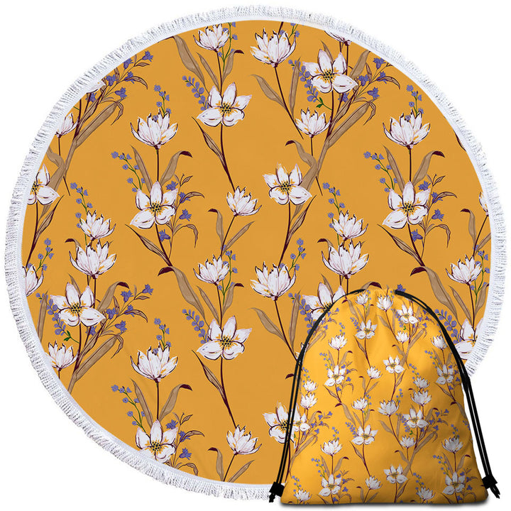 White Purple Flowers Round Beach Towel