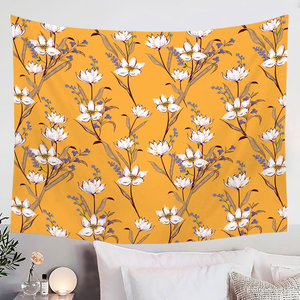 White Purple Flowers over Yellow Wall Decor Tapestry
