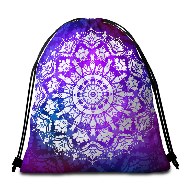 White Royal Floral Mandala over Purple Beach Towel Bags