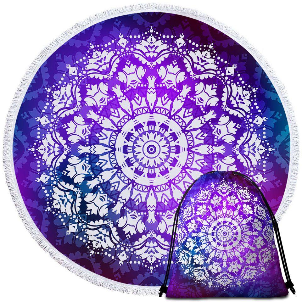 White Royal Floral Mandala over Purple Round Beach Towel