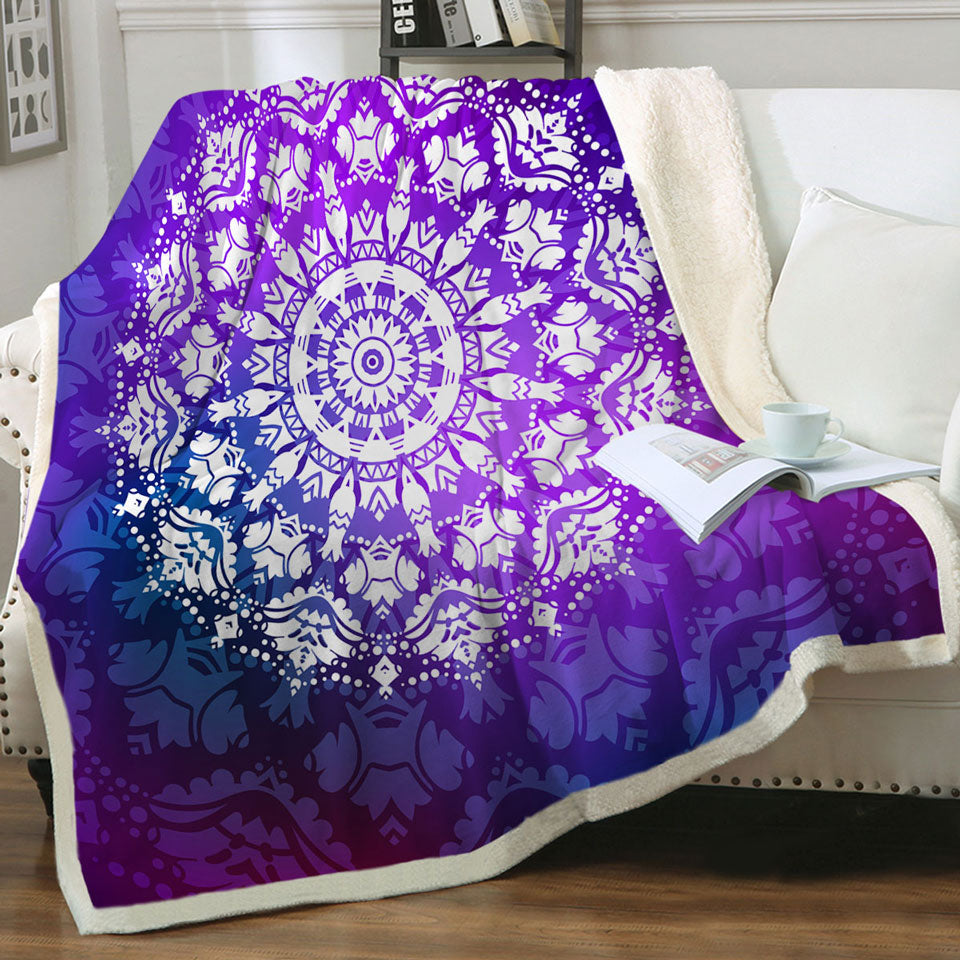 White Royal Floral Mandala over Purple Sofa Blankets