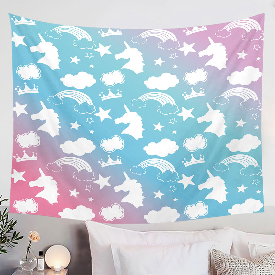 White Silhouettes Clouds and Unicorns Wall Decor Tapestry