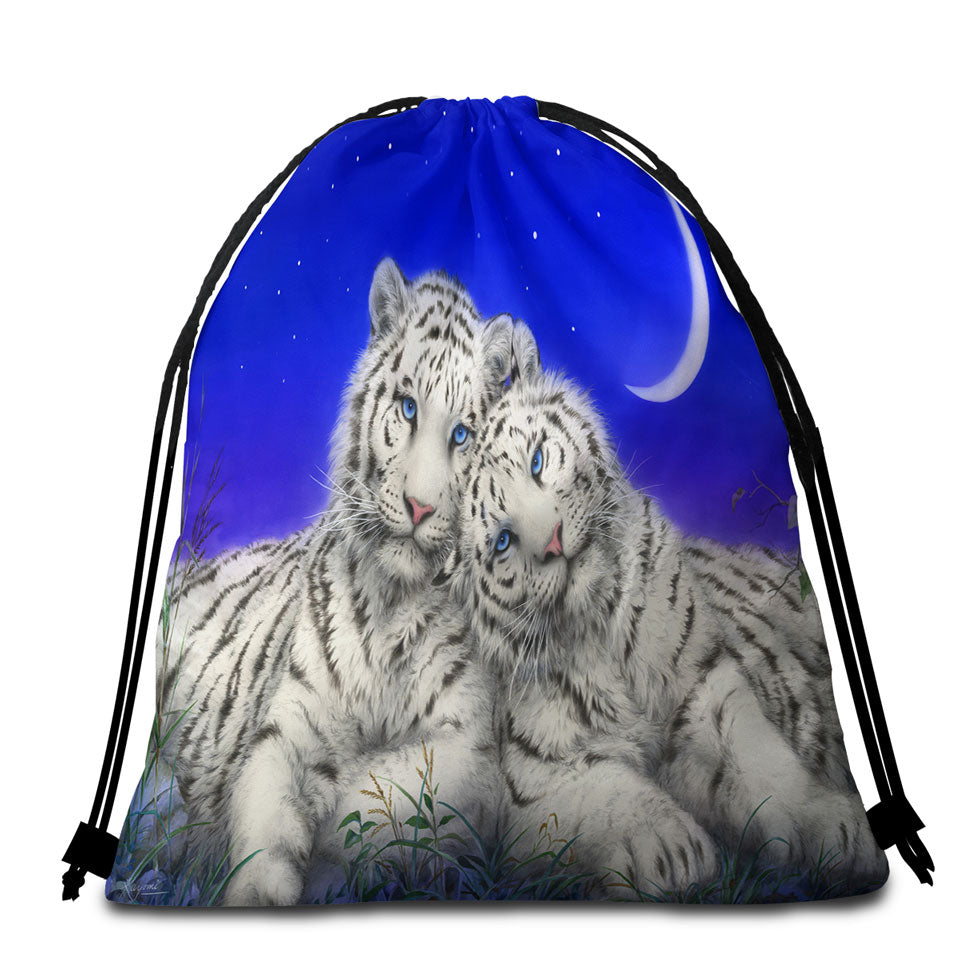 White Tigers Moon Lovers at Night Beach Towel Bags