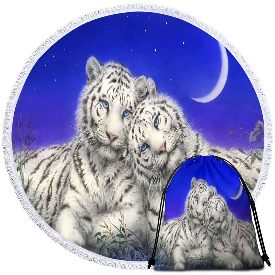 White Tigers Moon Lovers at Night Circle Beach Towel