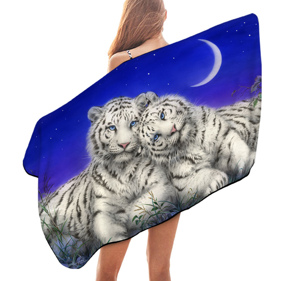 White Tigers Moon Lovers at Night Microfiber Beach Towel
