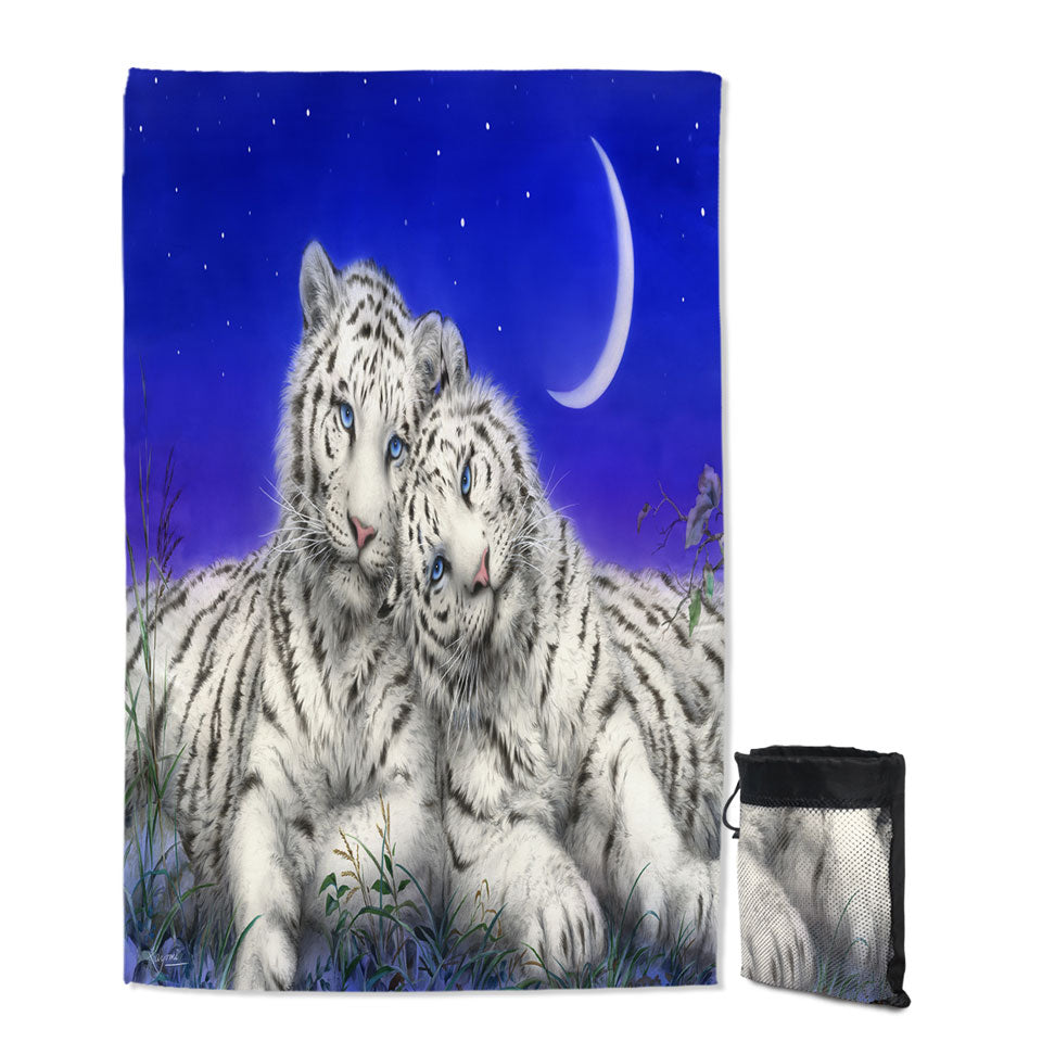 White Tigers Moon Lovers at Night Quick Dry Beach Towel
