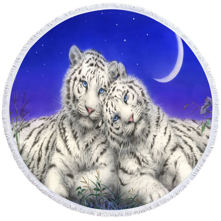 White Tigers Moon Lovers at Night Round Beach Towel