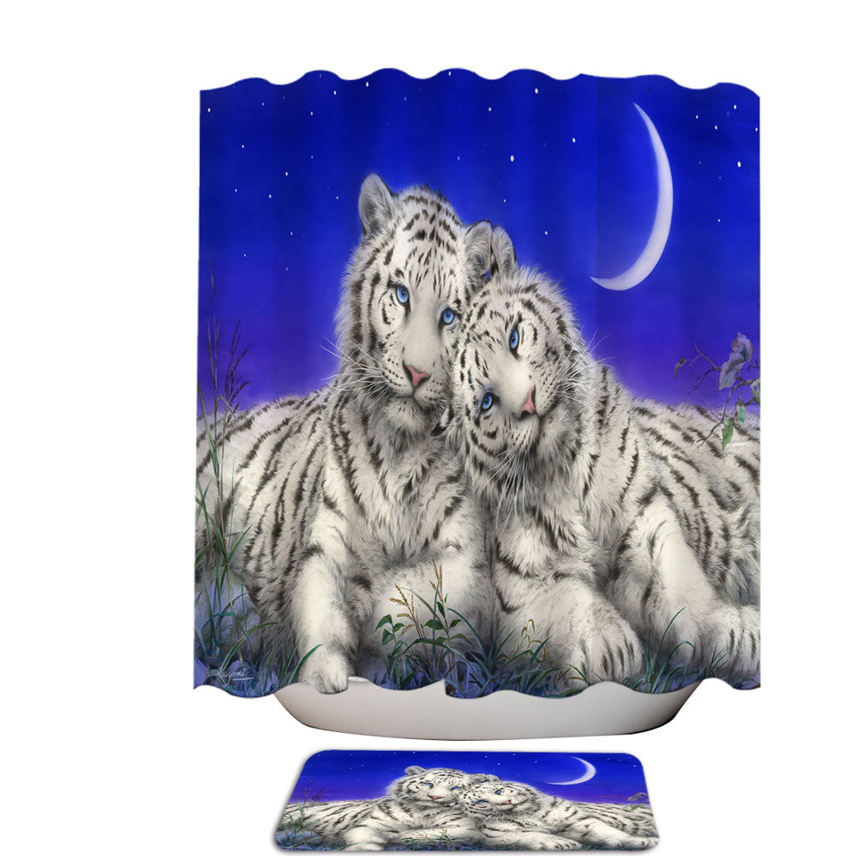 White Tigers Moon Lovers at Night Shower Curtains