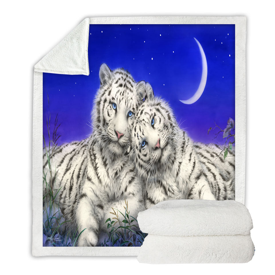 White Tigers Moon Lovers at Night Sofa Blankets