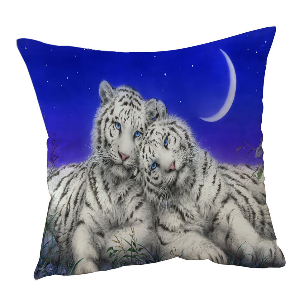 White Tigers Moon Lovers at Night Sofa Pillows