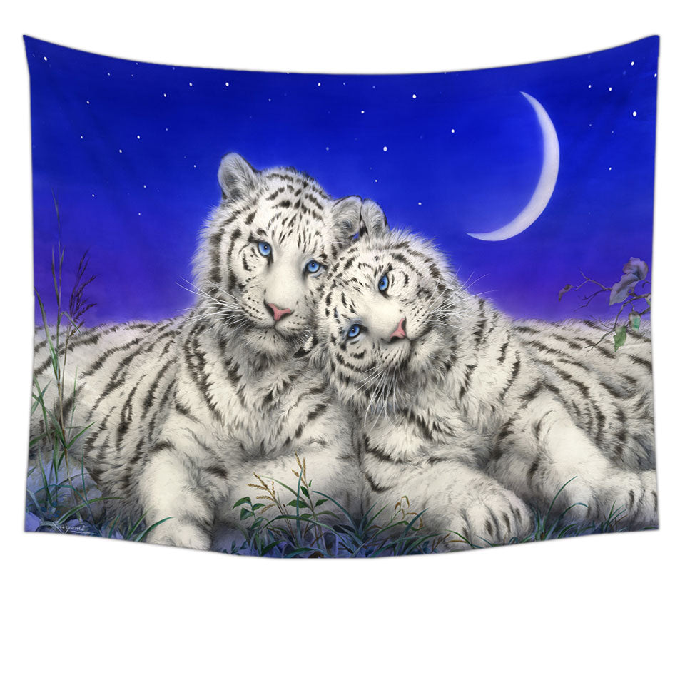 White Tigers Moon Lovers at Night Wall Decor Tapestry