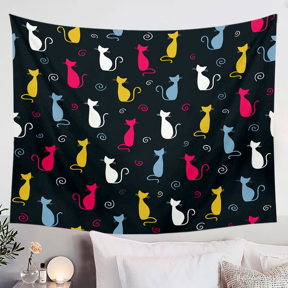 White Yellow Blue Pink Cats Hanging Fabric On Wall