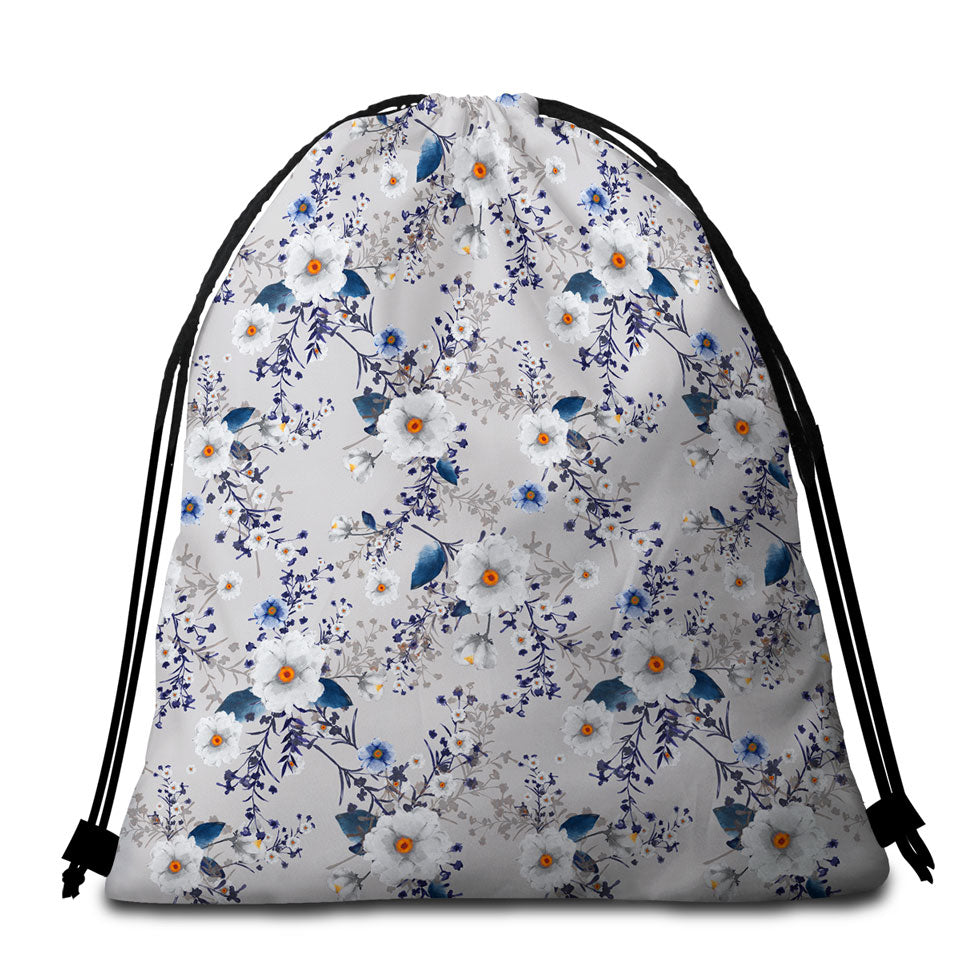 White and Blue Flowers Beach Towel Bags