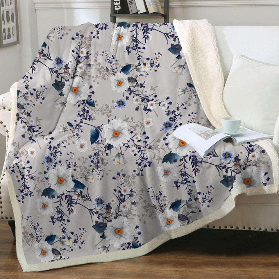 White and Blue Flowers Decorative Blankets