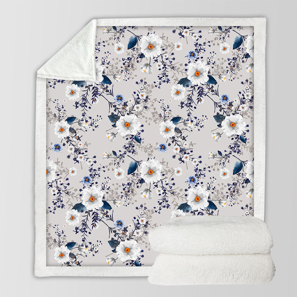 White and Blue Flowers Decorative Throws