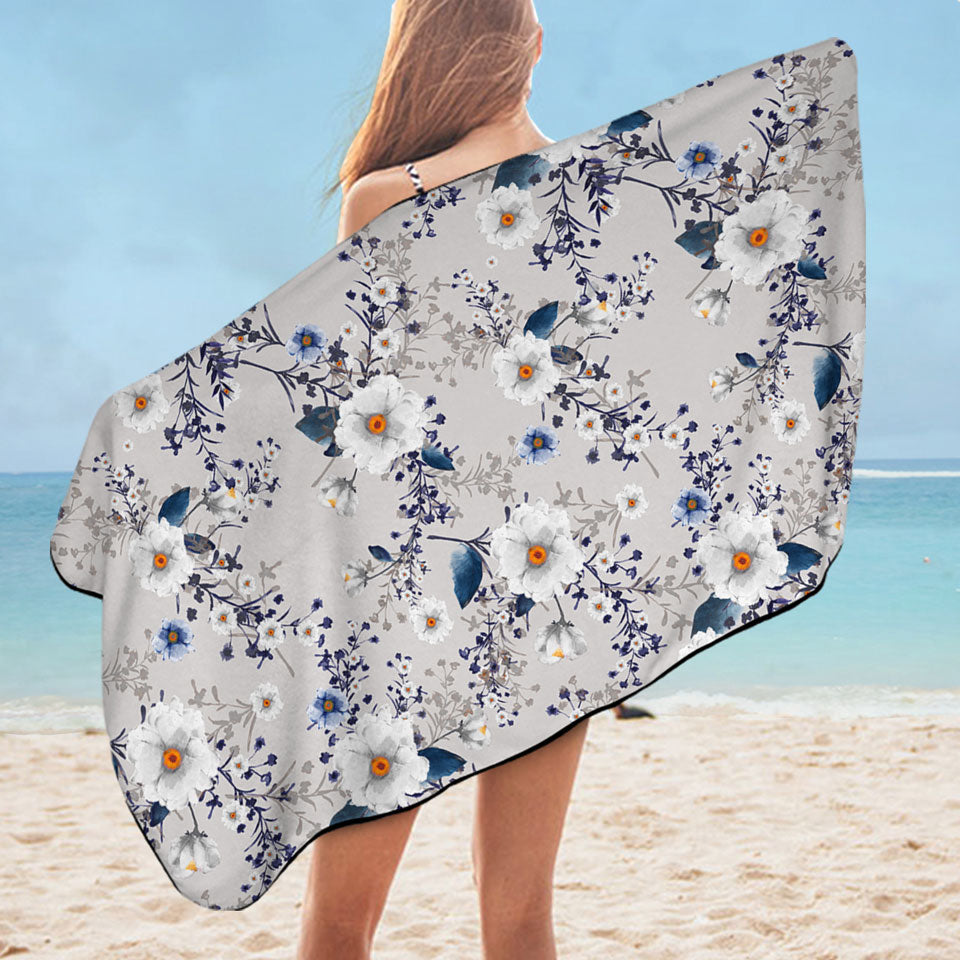 White and Blue Flowers Lightweight Beach Towel