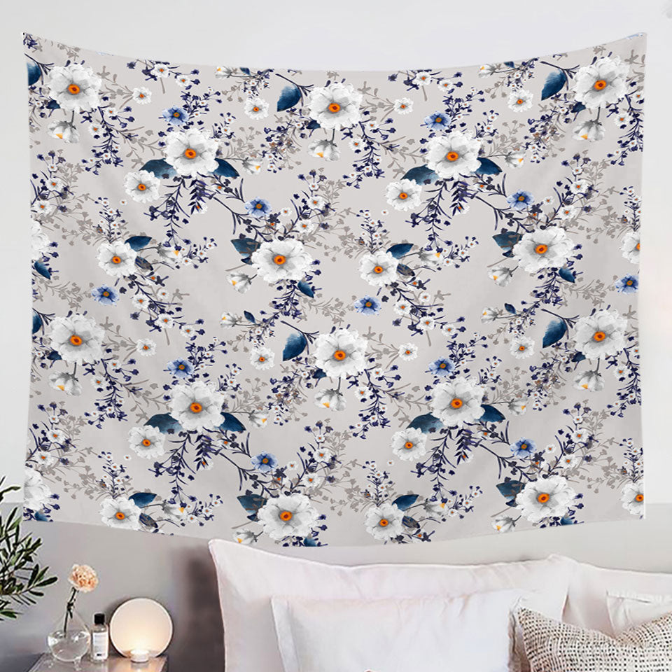 White and Blue Flowers over Grey Tapestry