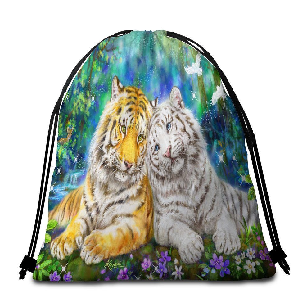 White and Orange Tigers in Love Beach Towel Bags