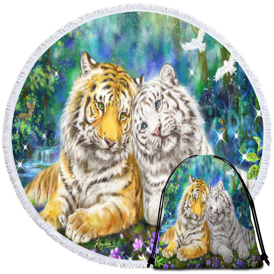 White and Orange Tigers in Love Round Beach Towel
